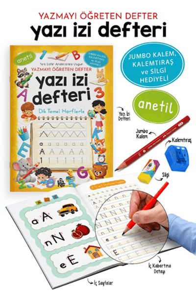 Yazı İzi Defteri - Yazmayı Öğreten Defter - Jumbo Kalem, Kalemtıraş ve Silgi Hediyeli-zoom-