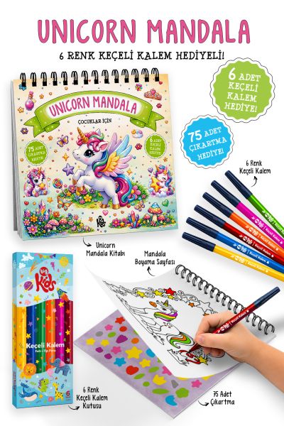 Unicorn Mandala - 6 Renk Keçeli Kalem ve 75 Adet Çıkartma Hediyeli 3+