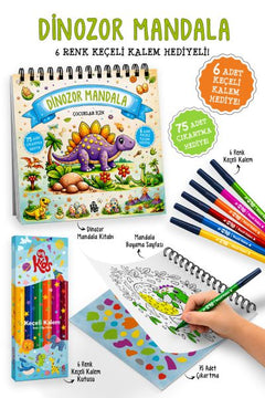 Dinozor Mandala - 6 Renk Keçeli Kalem ve 75 Adet Çıkartma Hediyeli 3+