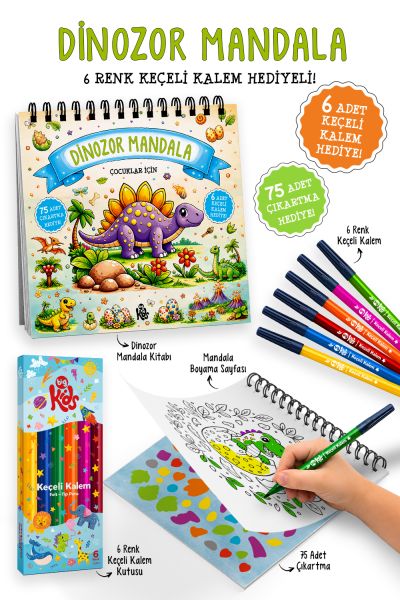 Dinozor Mandala - 6 Renk Keçeli Kalem ve 75 Adet Çıkartma Hediyeli 3+