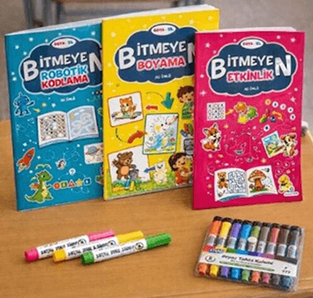 Boya Sil Bitmeyen Boyama 3 Kitap + Boya Kalemi Hediyeli-zoom-